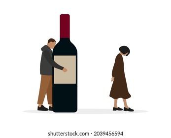 Male character hugs a huge bottle of alcohol while female character with lowered head walks away on a white background
