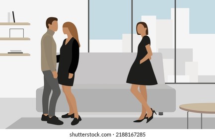 A male character hugs one female character while looking at another female character indoors