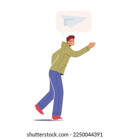 Male Character with Icon of Paper Plane above Head Isolated on White Background. Concept of Social Media Communication, Messenger Application or Refer a Friend. Cartoon People Vector Illustration