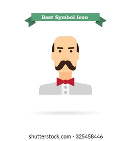 Male character icon, portrait of balding man wearing moustache