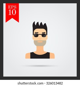 Male character icon, portrait of young man with bristle wearing sunglasses