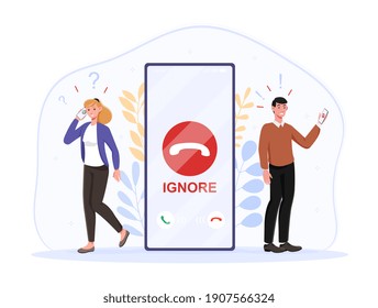 Male character is ignoring incoming call trying to avoid unpleasant conversation with girlfriend. Woman is confused because of boyfriend ignore. Flat cartoon vector illustration