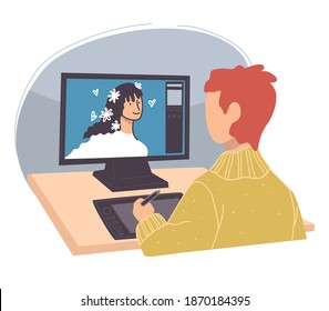 Male character improving drawing technique using gadgets. Graphic designer or illustrator creating paintings. Professional retoucher in art photo studio refining portrait. Vector in flat style