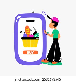 Male Character Interacting With Large Mobile Screen Displaying A Shopping Cart, Flat Vector Illustration about Online Shopping, Mobile Purchases, And E commerce, Isolated On White Background