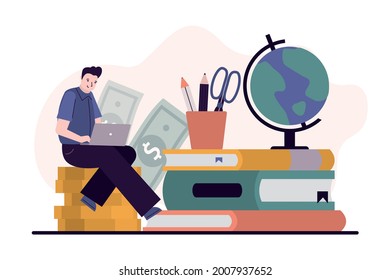 Male character invests savings in education. Concept of investments in education and knowledge. Saving money for education, scholarship, student loan. Digital technology. Flat vector illustration