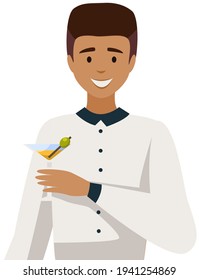 . Male character isolated on white background. Guy standing with martini in glass and olive