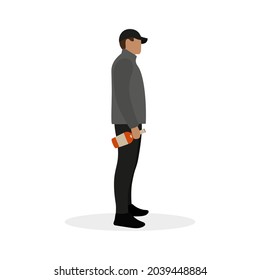 Male character in a jacket and a cap with a bottle of alcohol in his hand stands on a white background