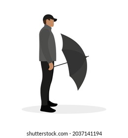 Male character in a jacket and a cap and with an open umbrella in his hand stands on a white background