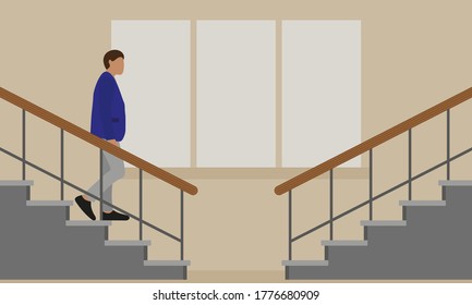 A male character in a jacket goes down the stairs