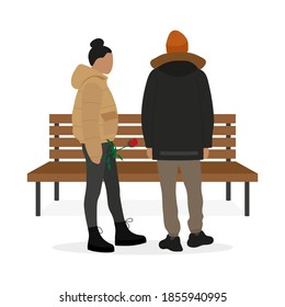 A male character in a jacket and a hat and a female character in a jacket and with a rose in hand are standing near a bench on a white background