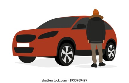 Male character in a jacket and hat stands near a car on a white background
