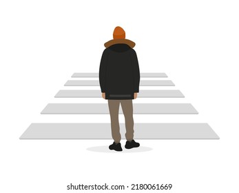 Male character in jacket and hat stands in front of a pedestrian crossing on a white background