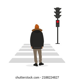 A male character in a jacket and hat stands in front of a pedestrian crossing at a red traffic light signal on a white background