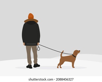 Carácter masculino con chaqueta y sombrero caminando con un perro corredizo en invierno