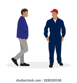 
Male character in a jacket and a mechanic in work overalls together on a white background