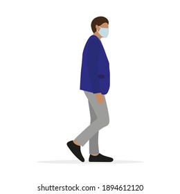 Male character in jacket and medical mask on white background
