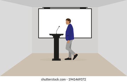 Male character in a jacket stands in front of a microphone in a room with a screen on the wall