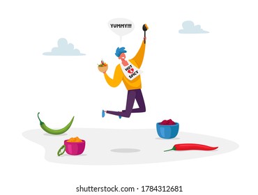 Male Character Jumping with Bowl of Hot Spice Food and Spoon in Hand with Chilli or Jalapeno Red and Green Peppers around. Mexican or Asian Cuisine, Spicy Meal Concept. Cartoon Vector Illustration