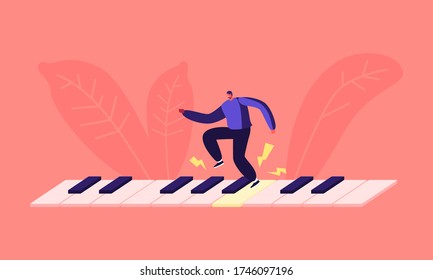 Salto y baile de personajes masculinos en el enorme teclado de piano haciendo sonidos y acúfenos fuertes. El Hombre Crea Contaminación De Ruido. El problema social de los habitantes de las grandes ciudades, el alboroto y el Din. Ilustración del vector de dibujos animados