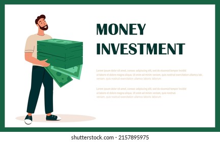 Male Character Keeps Huge Pile of Money Cash.Landing Page Template.Take Loan for Business open,Rich,Finace Development,Wealth Concept.Investment Growth,Budget Savings,Deposit.Flat Vector Illustration