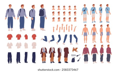 Male character kit. Man body parts constructor. Different poses. Various face emotion expressions. Casual clothes. Limb positions. Avatar generator. Apparel accessory