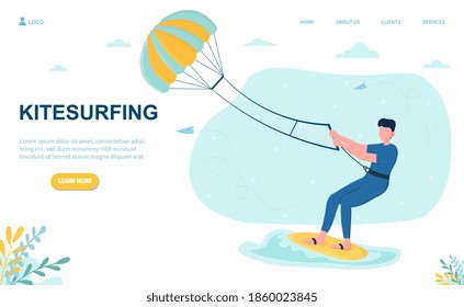 Male character kitesurfing. Concept of extreme sports experience, active lifestyle and vacation outdoor activities. Sportsman balancing on board with kite. Website web page landing page template