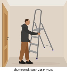 A male character with a ladder in his hands stands in a room with a closed door
