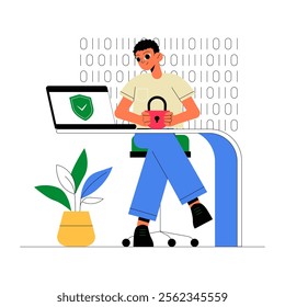 Male Character With Laptop Holding A Locked Mug In Flat Vector Illustration Symbolizing Cybersecurity, Data Protection, And Internet Privacy, Isolated On White Background