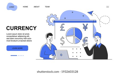 Male character with laptop is working at currency exchange. Male visitor came to currency to exchange his money. Website, web page, landing page template. Flat cartoon outline vector illustration