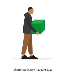 A male character with a large green cube in his hands is standing on a white background