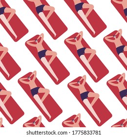 Male character laying on inflatable mattress, seamless pattern of man on vacation. Summertime rest of personage in swimming suit. Pool or exotic seaside seasonal activities. Vector in flat style