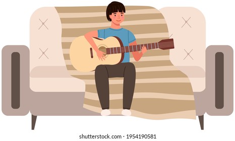 Male character learning to play guitar. Young boy guitarist creates music sitting on couch