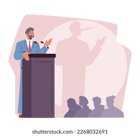 Male Character Liar with Long Nose Shade on Wall Stand On Podium Addressing A Crowd. Dishonesty, Manipulation Or Political Propaganda Concept. Cartoon People Vector Illustration