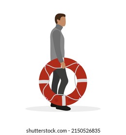 A male character with a lifebuoy in his hand stands on a white background