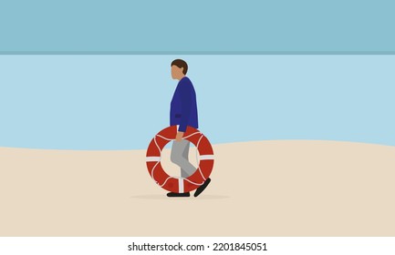 A male character with a lifebuoy in his hand stands on the beach