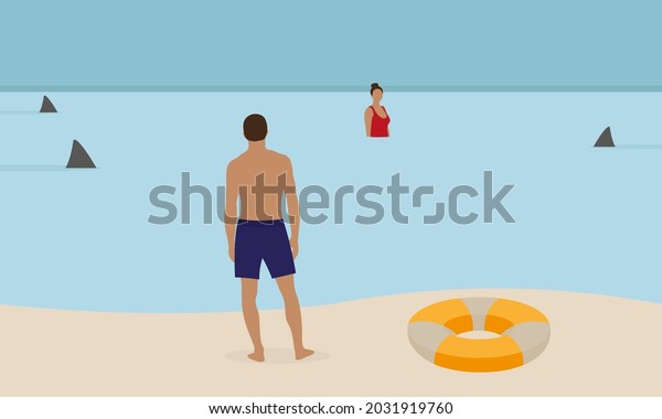 A\
male character with a lifebuoy stands on the beach and looks at a\
female character in the water surrounded by shark\
fins