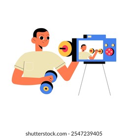 Male Character Lifting Dumbbells While Recording Fitness Content In Flat Vector Illustration Symbolizing Online Coaching And Fitness Training, Isolated On White Background