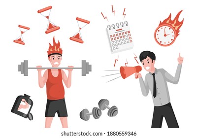 Male character lifting weights, trainer shouting through megaphone vector flat illustration. Active weight loss, get yourself in shape for the summer or sport competition concept.