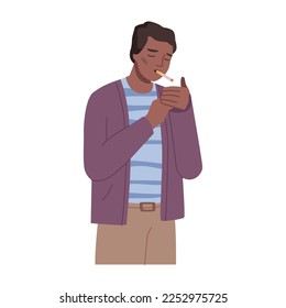 Male character lighting up cigarette smoking man. Isolated smoker with the bad habit on break. Personage guy wearing casual clothes. Vector in flat style