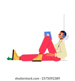 Male Character Listening To Audio On Tablet With Headphones In Flat Vector Illustration Symbolizing Entertainment And Relaxation, Isolated On White Background