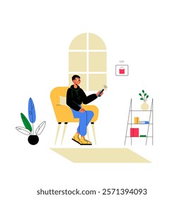 Male Character In Living Room Adjusting Smart Device In Flat Vector Illustration Symbolizing Comfort, Connectivity, And Technology, Isolated On White Background.