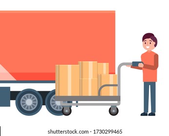 Male character loader hold cart, fast delivery service truck logistic concept isolated on white, flat vector illustration. Mail employee supply stuff warehouse box, storehouse carton.