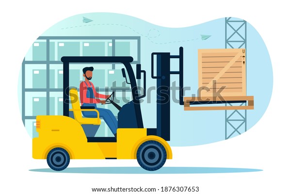 Male character loading goods with\
forklift. Worker is moving box in a warehouse. Warehouse modern\
interior wirh cargo truck. Flat cartoon vector\
illustration