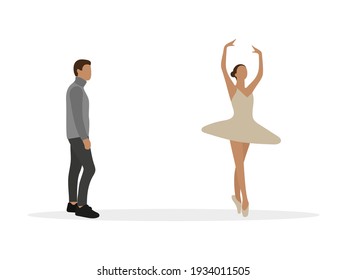 Male character looking at dancing ballerina on white background