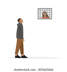 Male character looking up at female character outside window with bars on white background