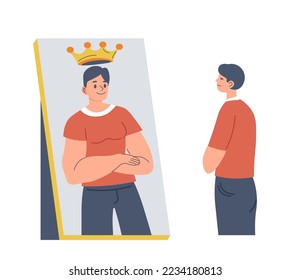 Male character looking at mirror reflection and sees man wearing crown. Distorted self esteem and attitudes towards oneself. Narcissistic personage thinking too good of him. Vector in flat style