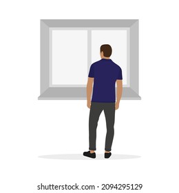 Male character looking out the window on a white background