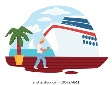 Caracter masculino mirando las entradas en las manos caminando por un crucero. Hombre por barco para viaje o viaje a larga distancia. Transporte marítimo y marítimo. Descanso exótico. Vector de estilo plano