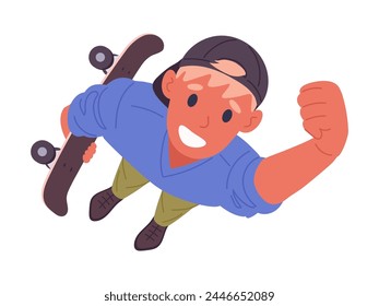 Male character looking upwards. Man top view look up, guy view from above amazed something in sky flat vector illustration. Person staring up