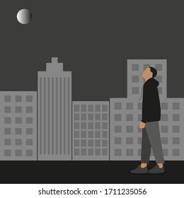 Male character looks at the moon at night against the background of the city